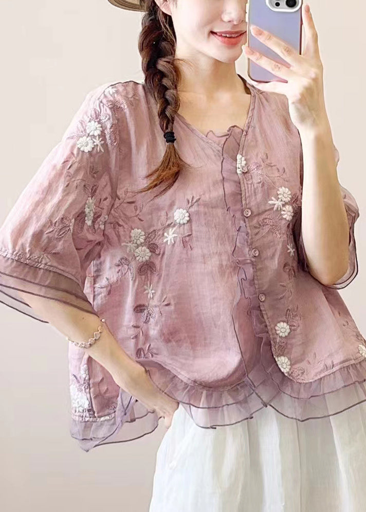 Women Green Ruffled Embroidered Patchwork Linen Blouse Top Summer