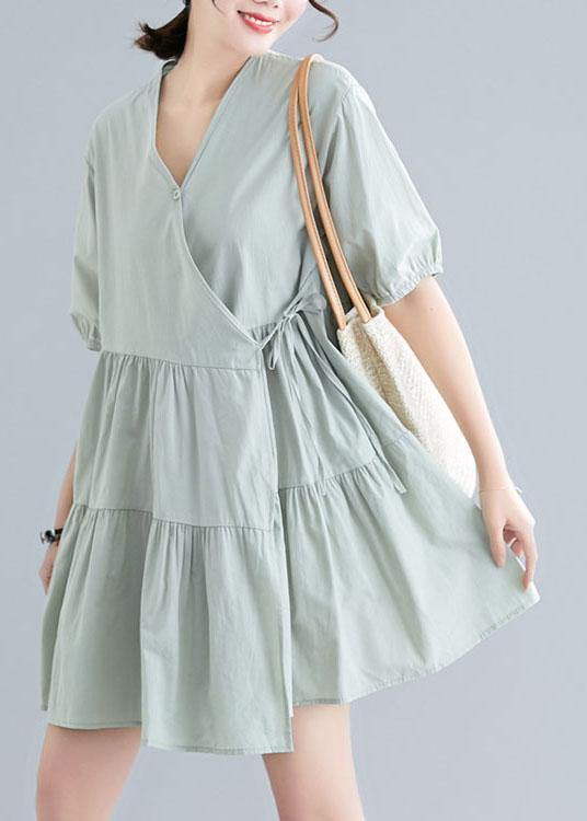 Women Green Short Sleeve A Line Dress Cotton - bagstylebliss