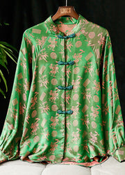 Women Green Stand Collar Button Print Silk Shirt Tops Long sleeve