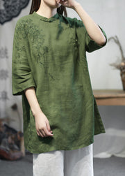 Women Green Stand Collar Embroidered Linen Tops Half Sleeve