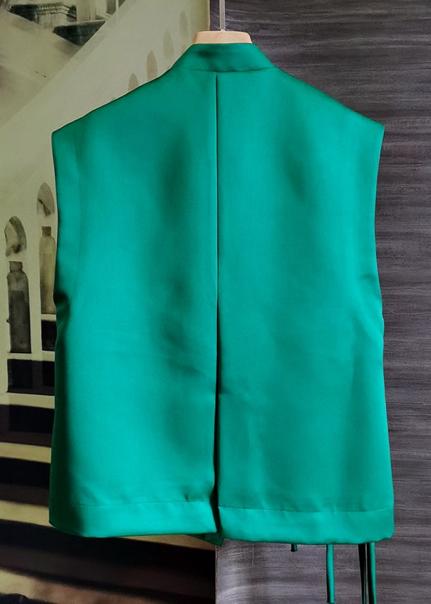 Women Green Stand Collar Embroidered Patchwork Silk Vest Sleeveless