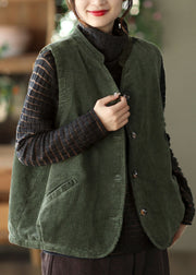 Women Green Stand Collar Solid Fine Cotton Filled Corduroy Vest Winter