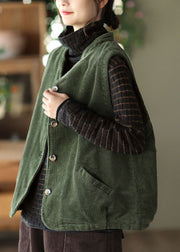 Women Green Stand Collar Solid Fine Cotton Filled Corduroy Vest Winter