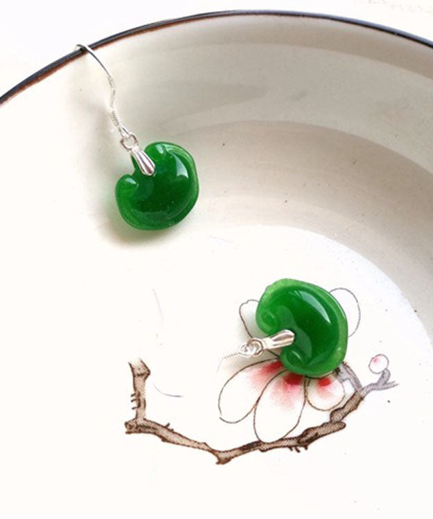 Women Green Sterling Silver Jade Drop Earrings