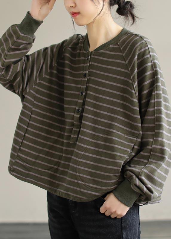Women Green Striped Tops Women Blouses O Neck Plus Size Clothing Spring Shirt - bagstylebliss