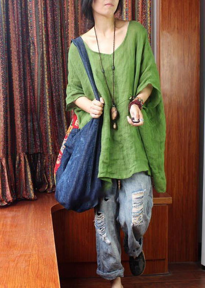 Women Green U Neck Linen Summer Shirt Tops - bagstylebliss