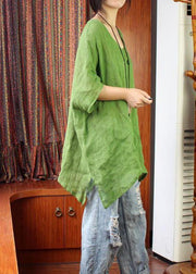 Women Green U Neck Linen Summer Shirt Tops - bagstylebliss