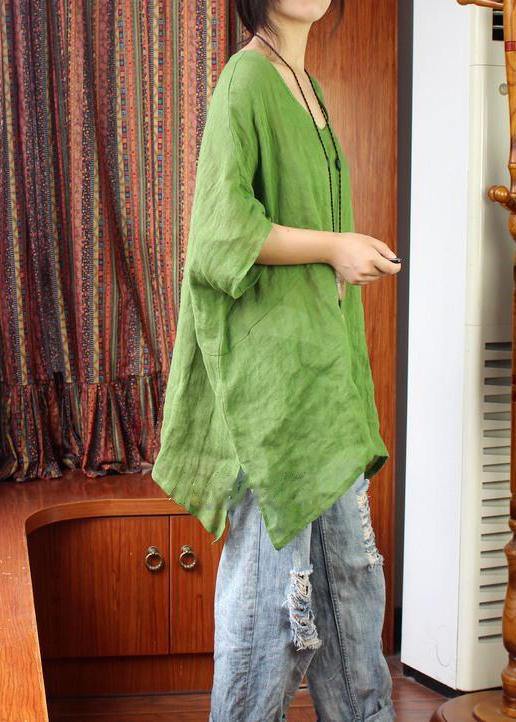 Women Green U Neck Linen Summer Shirt Tops - bagstylebliss