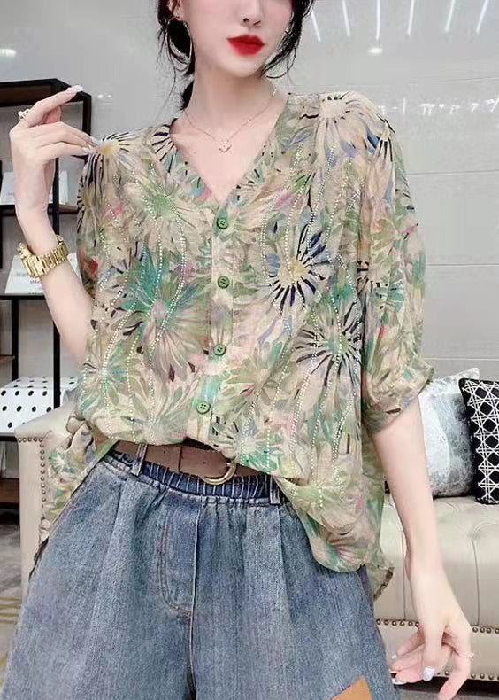 Women Green V Neck Button Diamonds Print Chiffon Shirt Top Short Sleeve