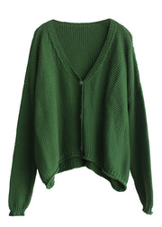 Women Green V Neck Button Knit Loose Cardigans Fall