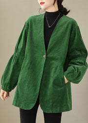 Women Green V Neck Button Pockets Corduroy Coats Fall