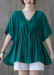 Women Green V Neck Buttton wrinkled Cotton Shirt Tops Short Sleeve