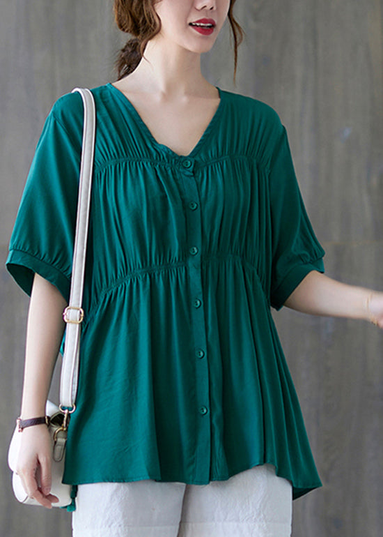 Women Green V Neck Buttton wrinkled Cotton Shirt Tops Short Sleeve