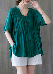 Women Green V Neck Buttton wrinkled Cotton Shirt Tops Short Sleeve