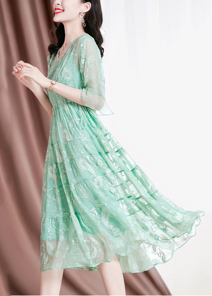 Women Green V Neck Embroideried Drawstring Silk Vacation Dresses Flare Sleeve