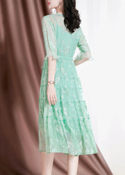 Women Green V Neck Embroideried Drawstring Silk Vacation Dresses Flare Sleeve