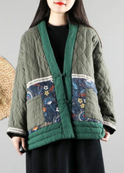 Women Green V Neck Fine Cotton Filled Puffers Jackets Winter