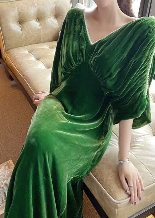 Women Green V Neck Nail Bead Patchwork Wrinkled Velour Dress Spring