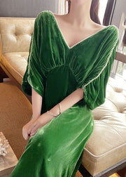 Women Green V Neck Nail Bead Patchwork Wrinkled Velour Dress Spring