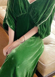 Women Green V Neck Nail Bead Patchwork Wrinkled Velour Dress Spring