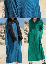 Women Green V Neck Patchwork Knit Maxi Dress Spring