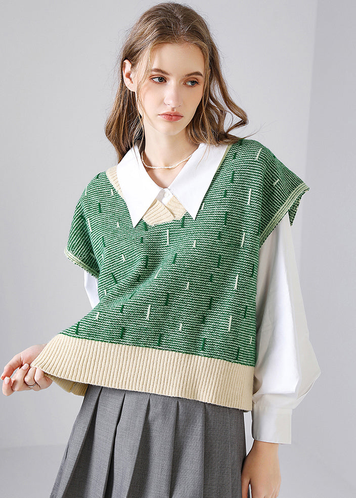 Women Green V Neck Patchwork Knit Tops Waistcoat Fall