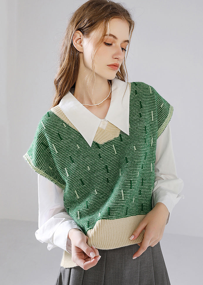 Women Green V Neck Patchwork Knit Tops Waistcoat Fall