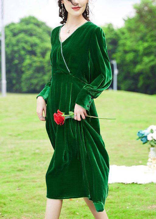 Women Green V Neck Patchwork Silk Velour Holiday Dress Spring