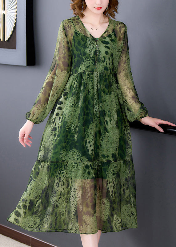 Women Green V Neck Ruffles Print Chiffon Long Dress Two Piece Set Long Sleeve