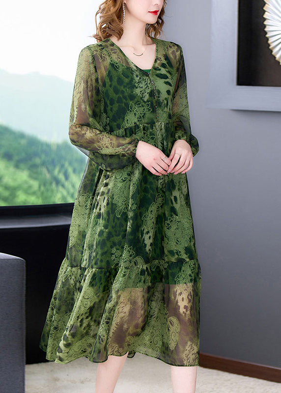 Women Green V Neck Ruffles Print Chiffon Long Dress Two Piece Set Long Sleeve