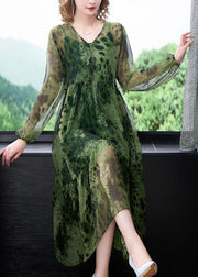 Women Green V Neck Ruffles Print Chiffon Long Dress Two Piece Set Long Sleeve