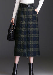 Women Green Zip Up Plaid Fine Cotton Filled Skirts Winter