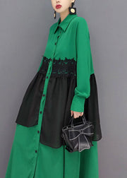 Women Green button Peter Pan Collar lace Patchwork shirt Dress spring