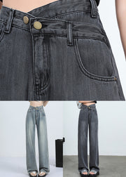 Women Grey Button High Waist Denim Pants Spring