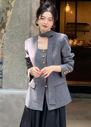 Women Grey Button Pockets Patchwork Cotton Coat Long Sleeve