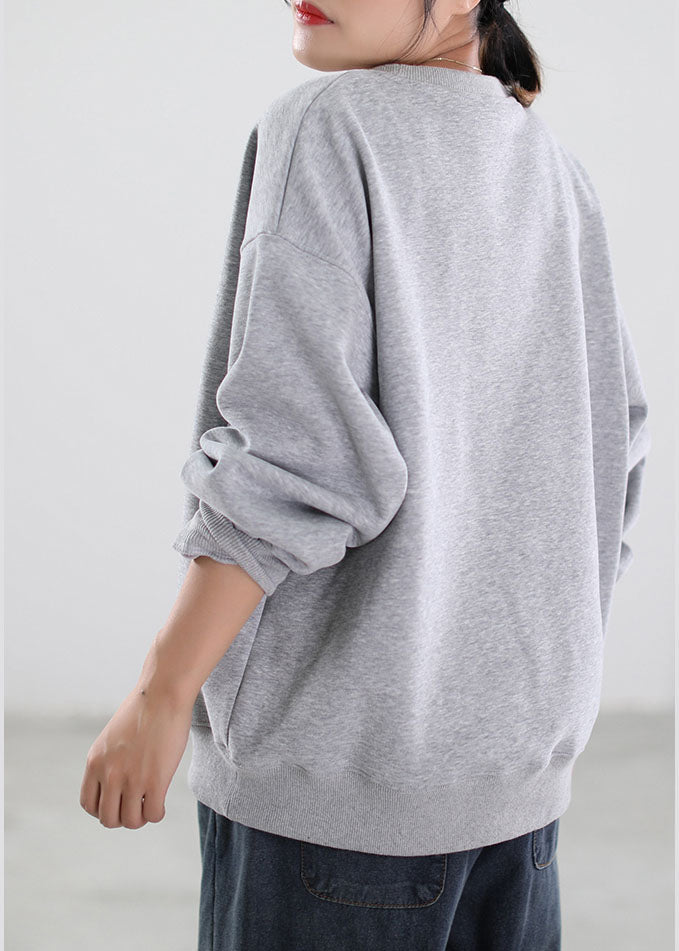 Women Grey Embroideried Graphic Warm Fleece Sweatshirt Winter