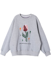 Women Grey Embroideried Graphic Warm Fleece Sweatshirt Winter