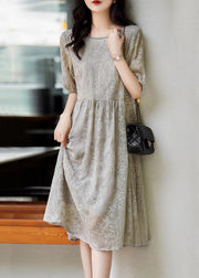 Women Grey Embroidered Wrinkled Patchwork Lace Dresses Summer