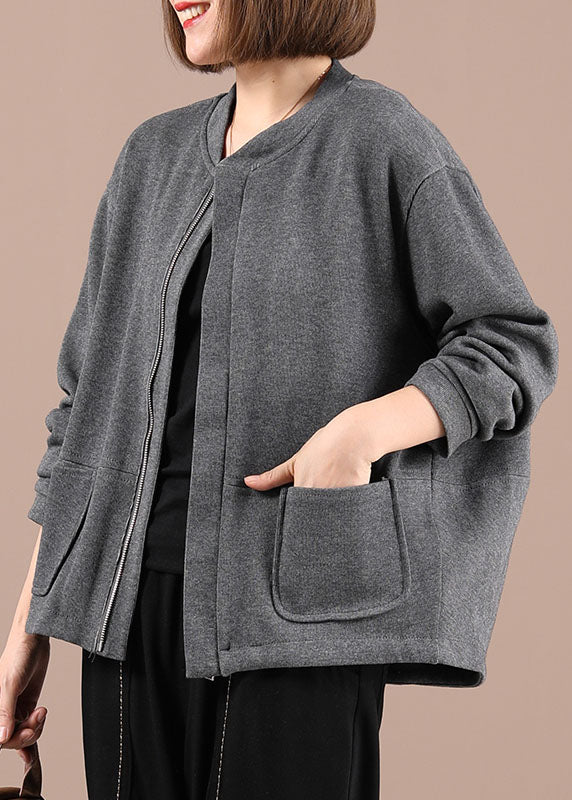 Damen Grau Strick Patchwork Herbst Langarm Jacken mit Reißverschluss