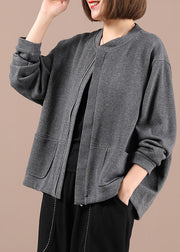 Women Grey Knit Zippered Patchwork Fall Long Sleeve Jackets