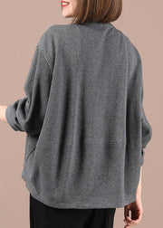 Women Grey Knit Zippered Patchwork Fall Long Sleeve Jackets