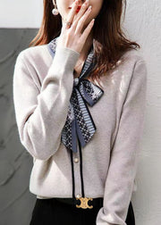 Women Grey Lace Up Button Patchwork Knit Sweaters Long Sleeve