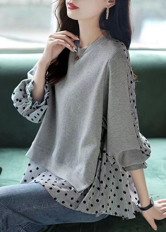 Women Grey O Neck False Two Pieces Patchwork Cotton Top Fall