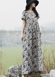 Women Grey O-Neck Print Long Dress Short Sleeve