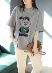 Women Grey O Neck Print Patchwork Cotton T Shirt Summer