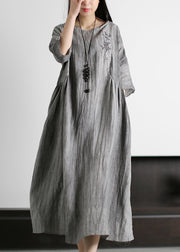 Women Grey O-Neck Wrinkled Embroideried Linen Dress Half Sleeve