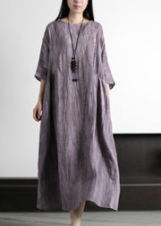 Women Grey O-Neck Wrinkled Embroideried Linen Dress Half Sleeve