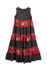 Women Grey O-Neck print Patchwork vacation Dress Sleeveless