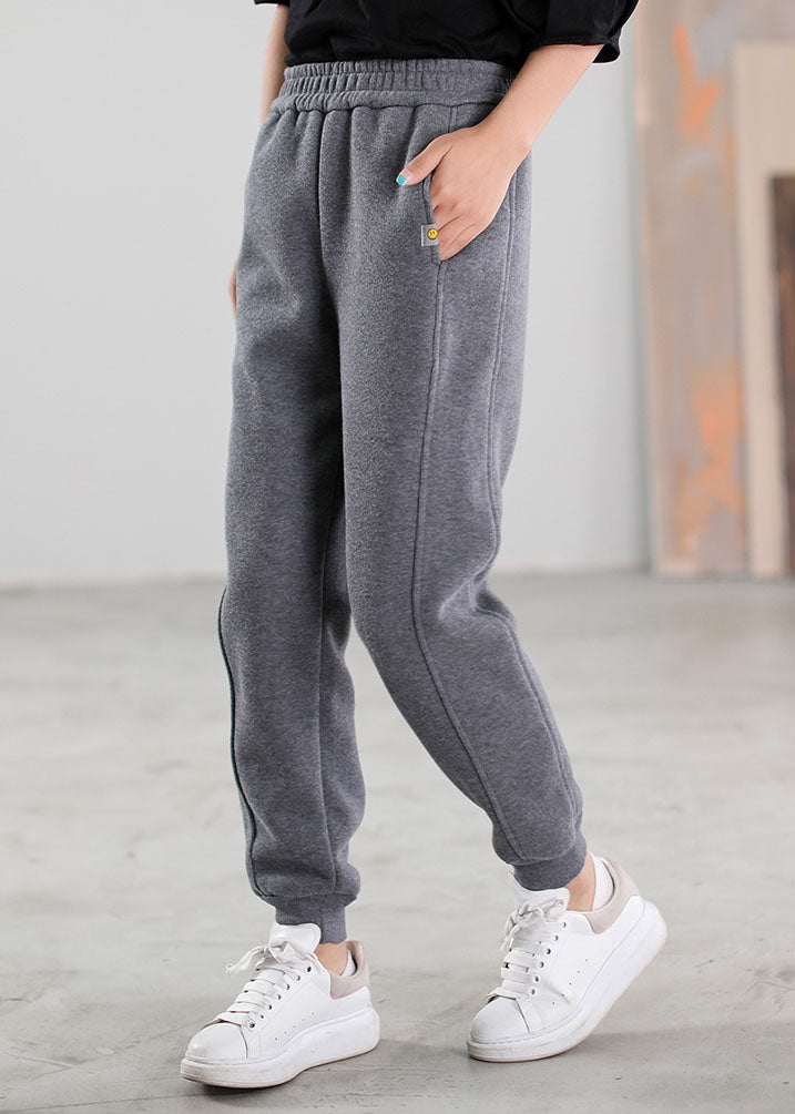 Women Grey Pockets Warm Fleece Casual Pants Winter