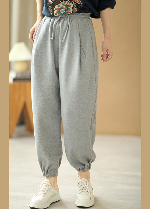 Women Grey Tie Waist Pockets Harem Fall Pants Cotton